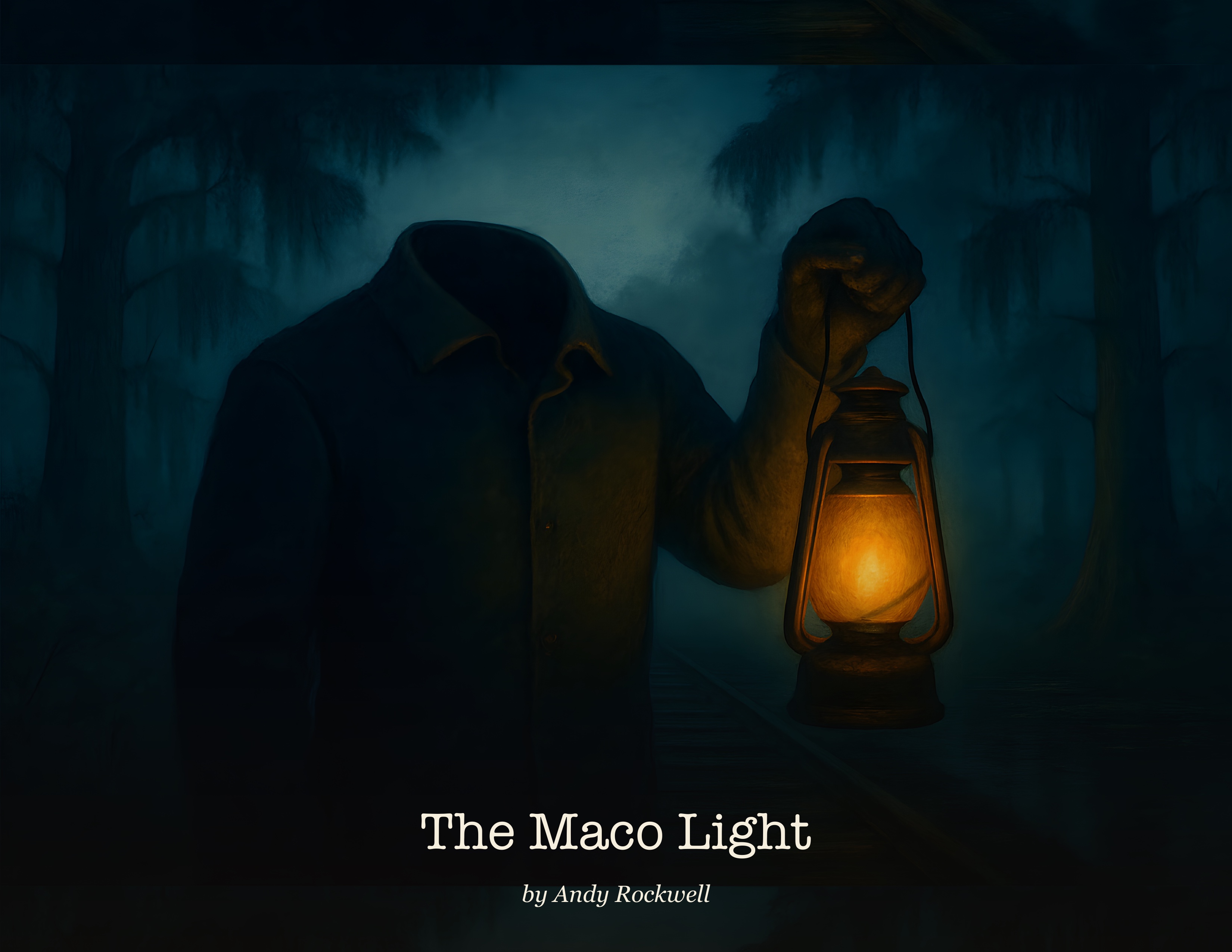 The Maco Light book cover — a headless railroad man in a dark coat holding a glowing amber lantern on old tracks in a misty Spanish-moss swamp at night.